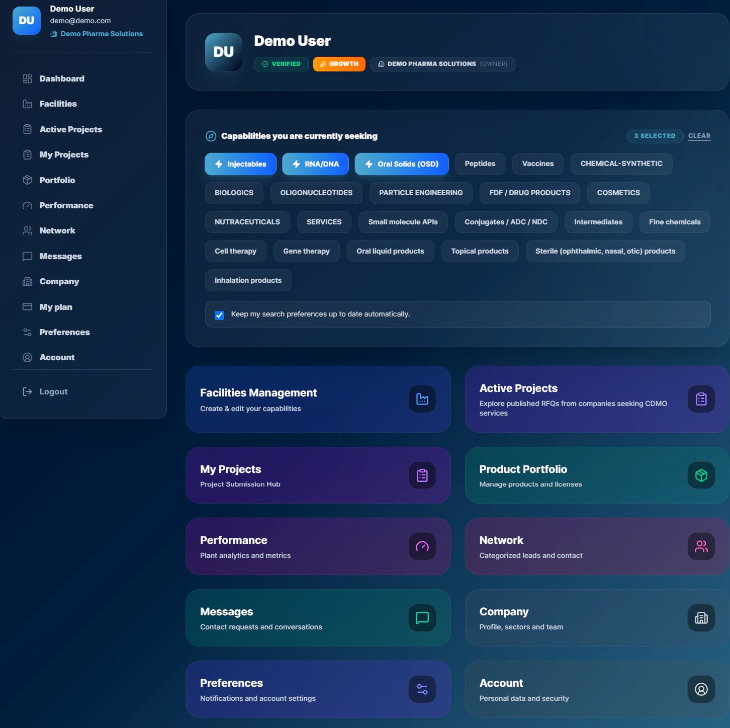 MAI CDMO Network dashboard — sectors, capabilities and quick access