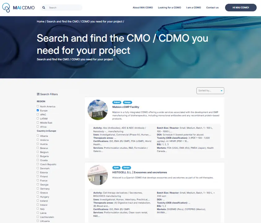 screenshot of cdmo search